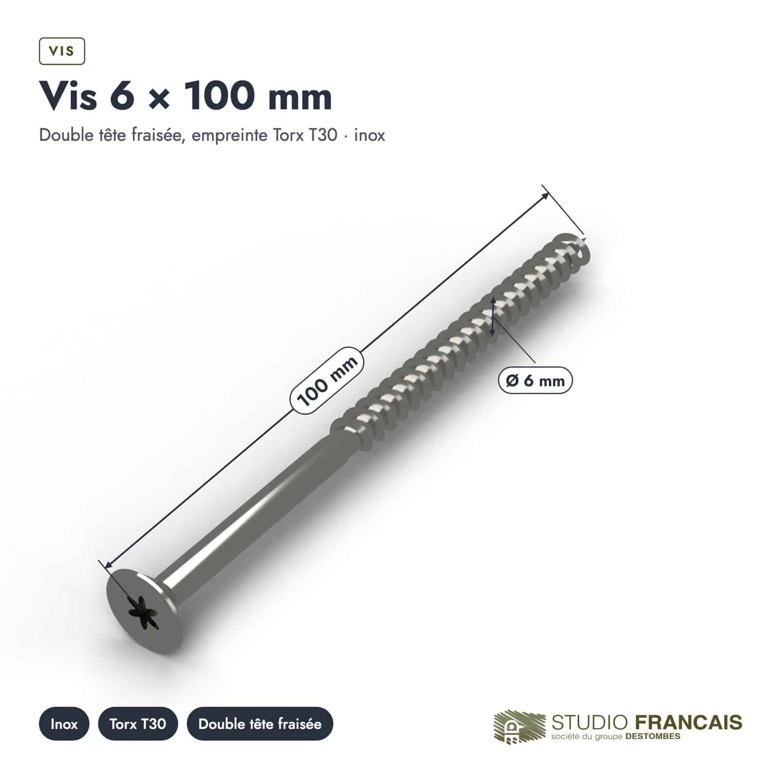 Vis inox 6x100 pour ossature bois, T30, boîte de 100 : piece cotee