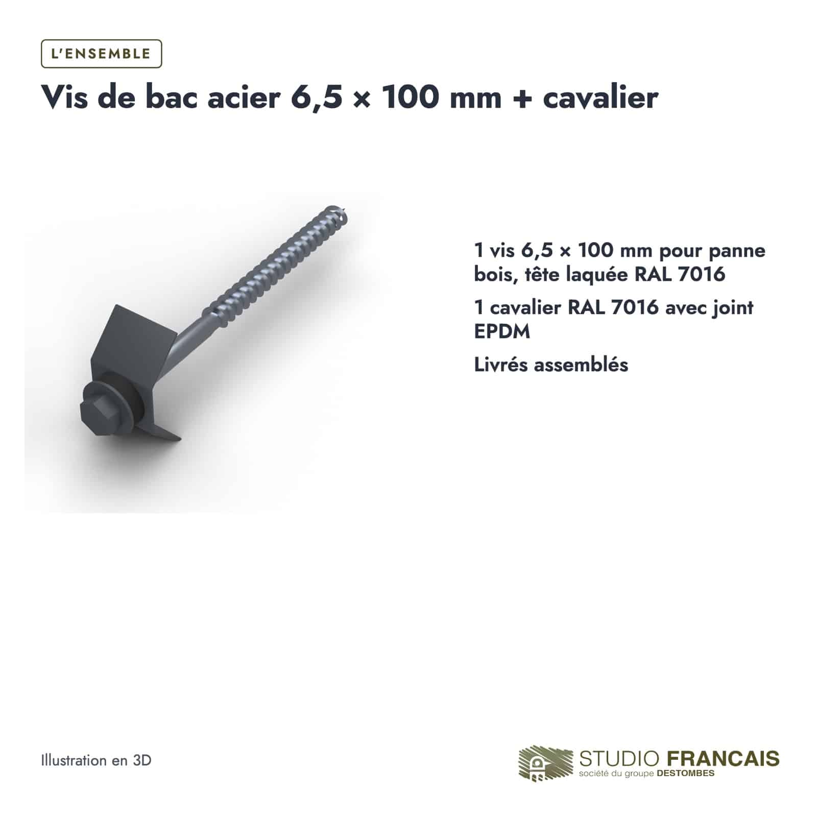 Vis bac acier 6,5x100 pour panne bois, avec cavalier gris anthracite : boite ou ensemble