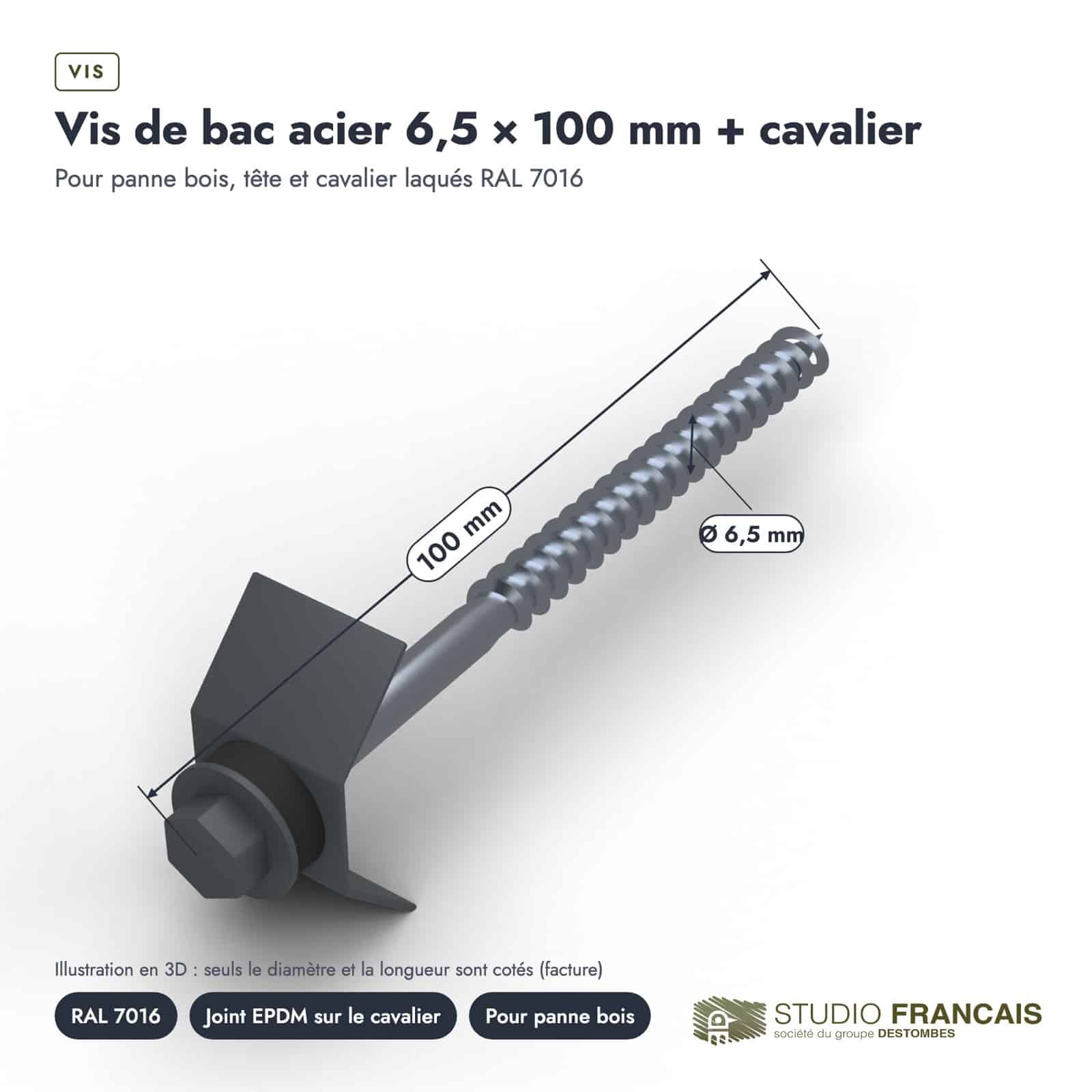 Vis bac acier 6,5x100 pour panne bois, avec cavalier gris anthracite : piece cotee