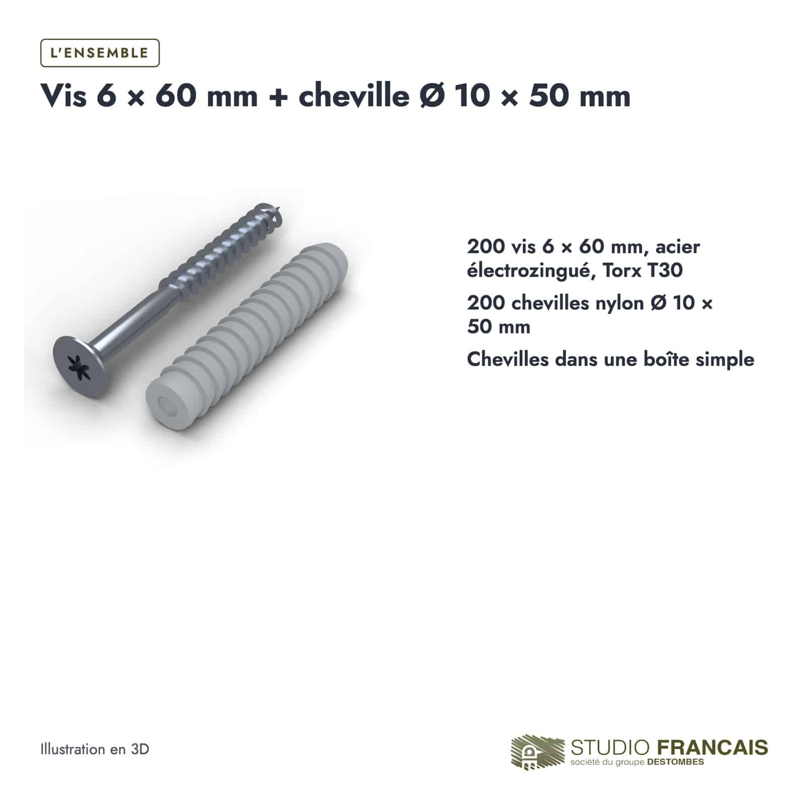 Vis et cheville 6x60, 200 vis zinguées T30 et 200 chevilles nylon : boite ou ensemble