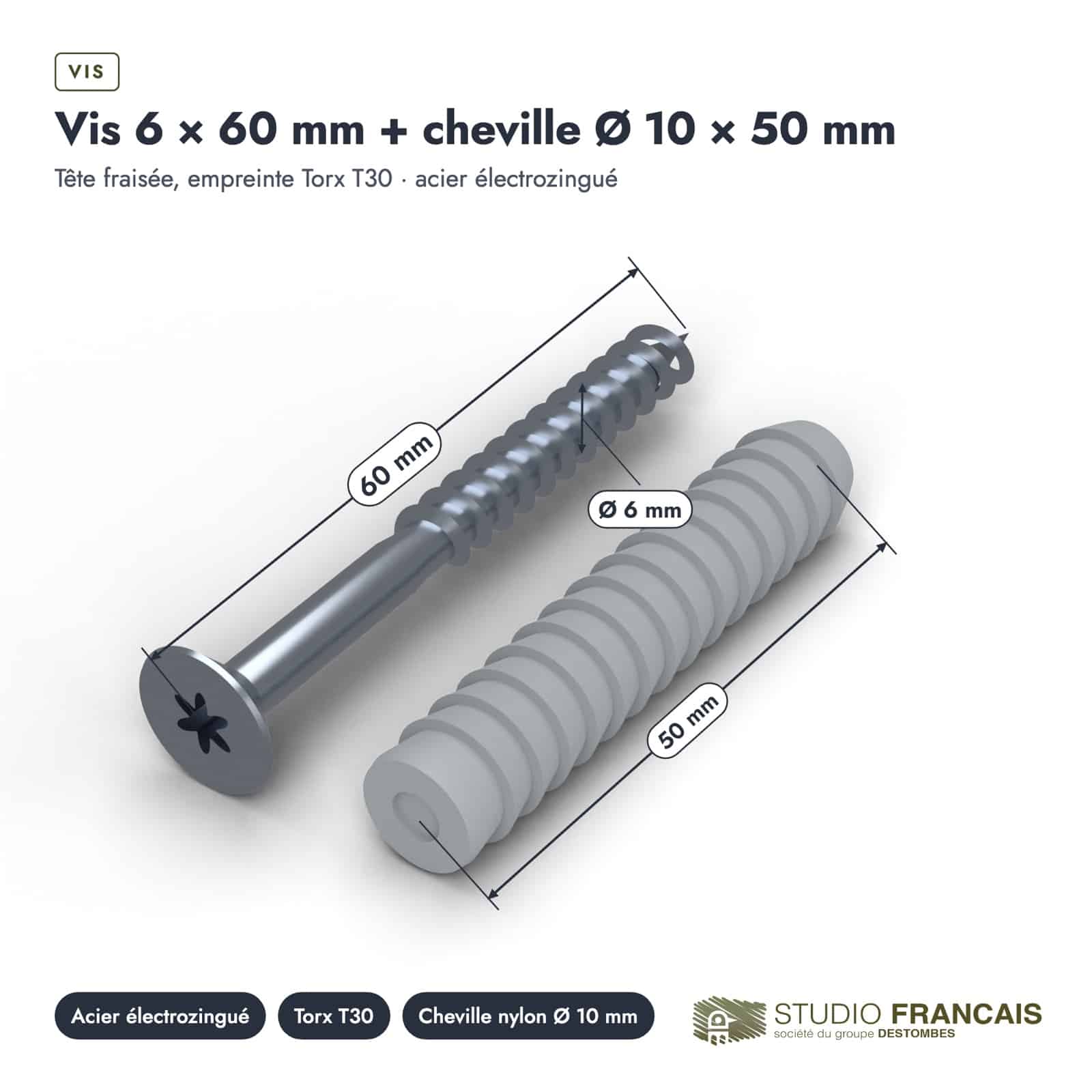 Vis et cheville 6x60, 200 vis zinguées T30 et 200 chevilles nylon : piece cotee
