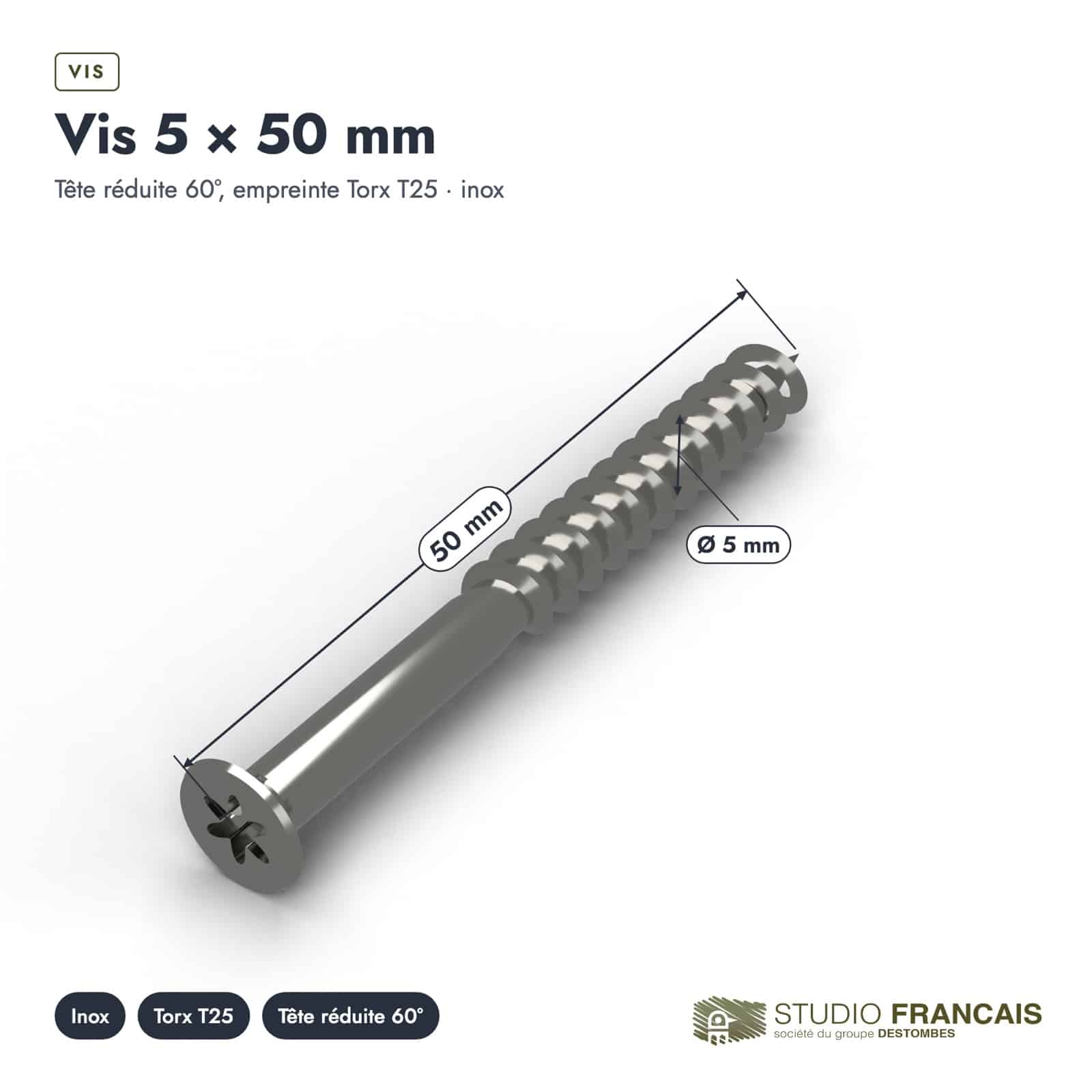 Vis terrasse inox 5x50 A2 à tête réduite, boîte de 200 : piece cotee