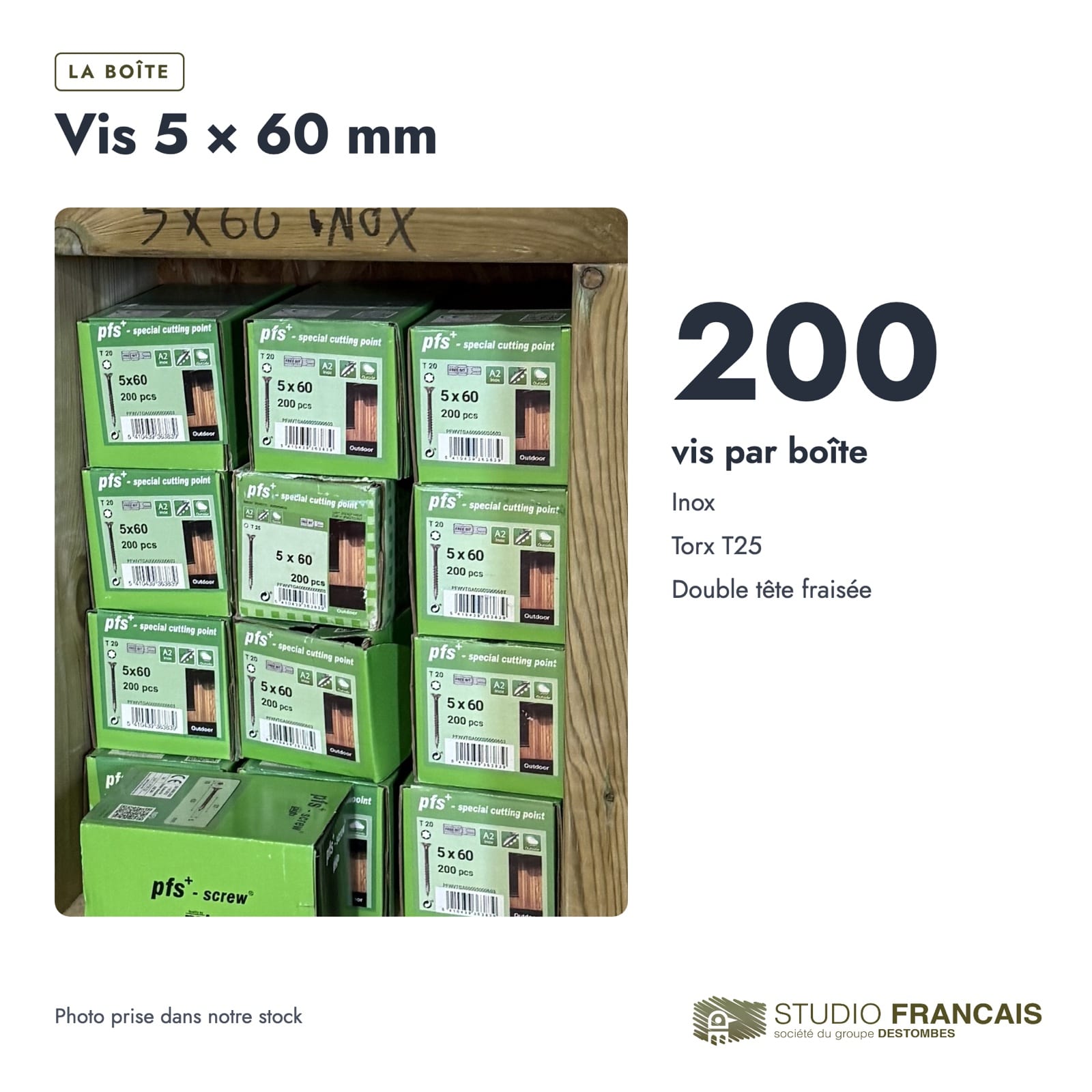 Vis inox 5x60 A2 pfs+, tête fraisée de 10 mm, boîte de 200 : boite ou ensemble