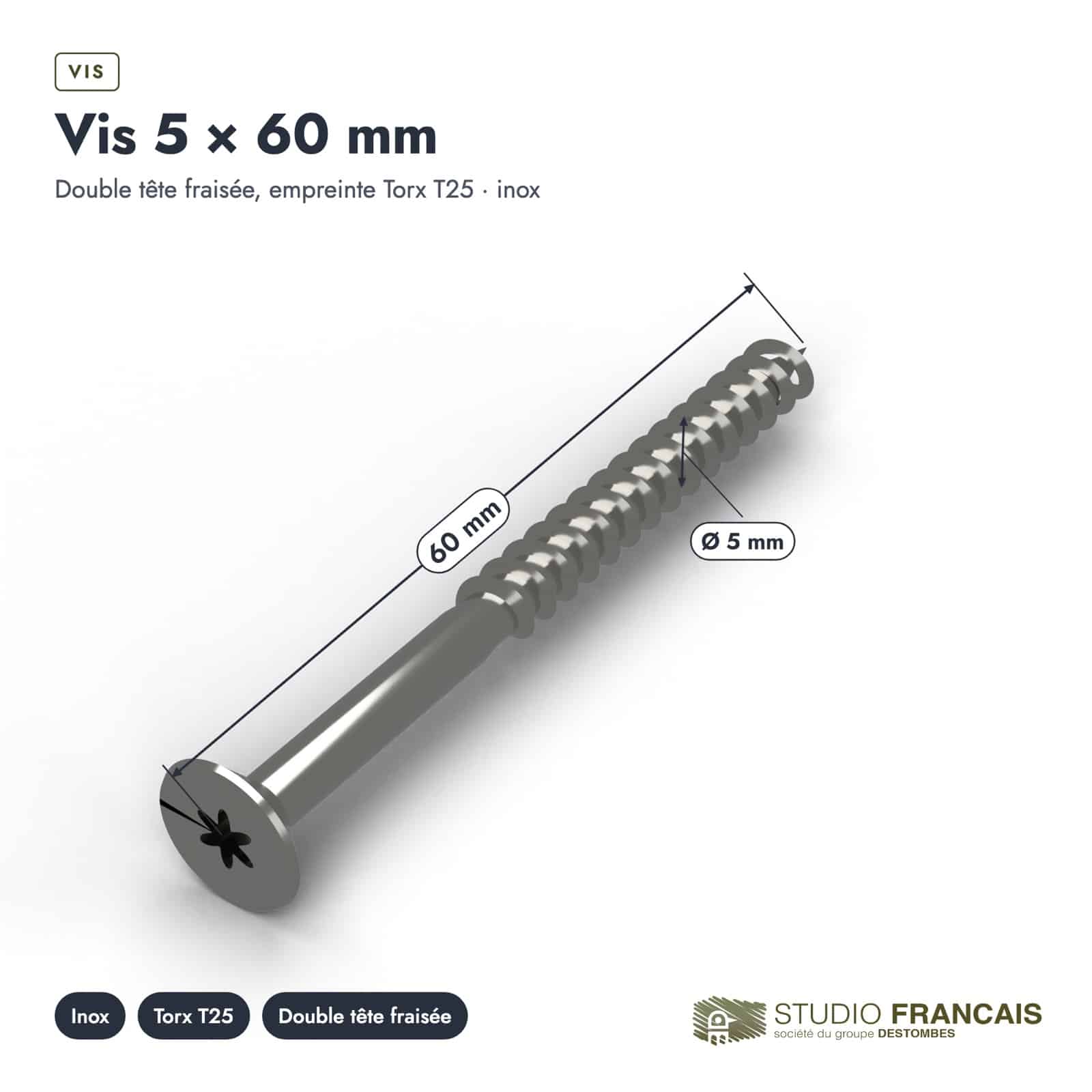 Vis inox 5x60 A2 pfs+, tête fraisée de 10 mm, boîte de 200 : piece cotee